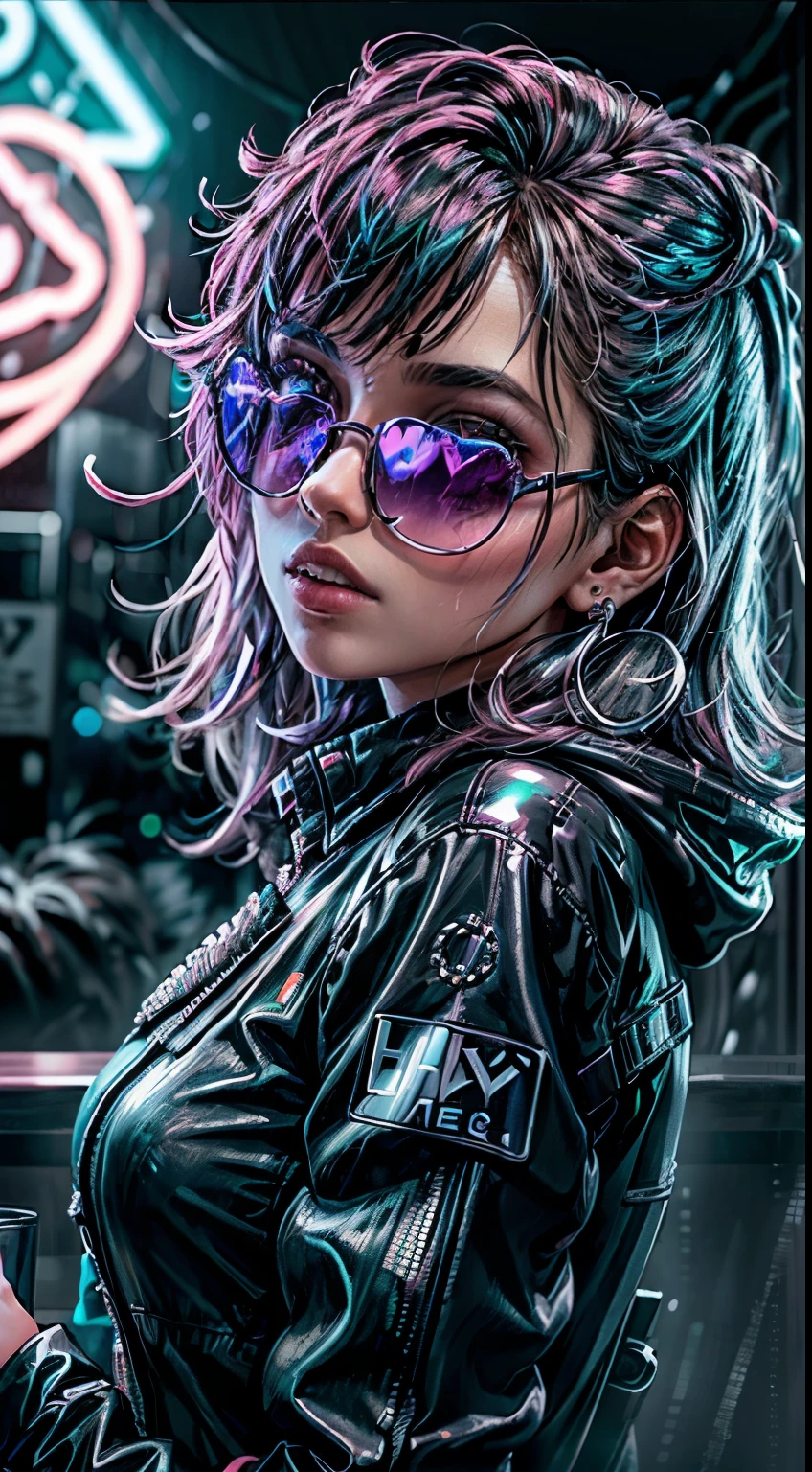 ((best quality)), ((master part)), (Very detailed: 1.3), ..3d, NeonNoir, cyberpunk bonito, (Giant teddy bear: 1), (with sunglasses: 1.2), (pupilas em forma de diamante: 1.2), heart-shaped, usando uma capa de capuz longo, (usando um capuz: 1.2), neon roxo no monitor, Colorful neon signs on the wall, street lighting, (emissor branco: 1.1), Olhos desdenhosos, it's raining outside, sentado em um bar, Fotografias mestras da Sony,