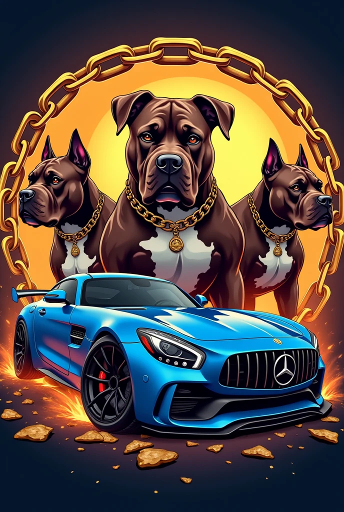 Generate a logo for a dog kennel, Eye-catching logo, golden circle chains, chocolate colored dogs, Exotic American Bully Breed, short snout, marked forehead, muscular, extra muscular,accompanied by a blue tuning car, The name that will go on the logo is "7K Bulls"