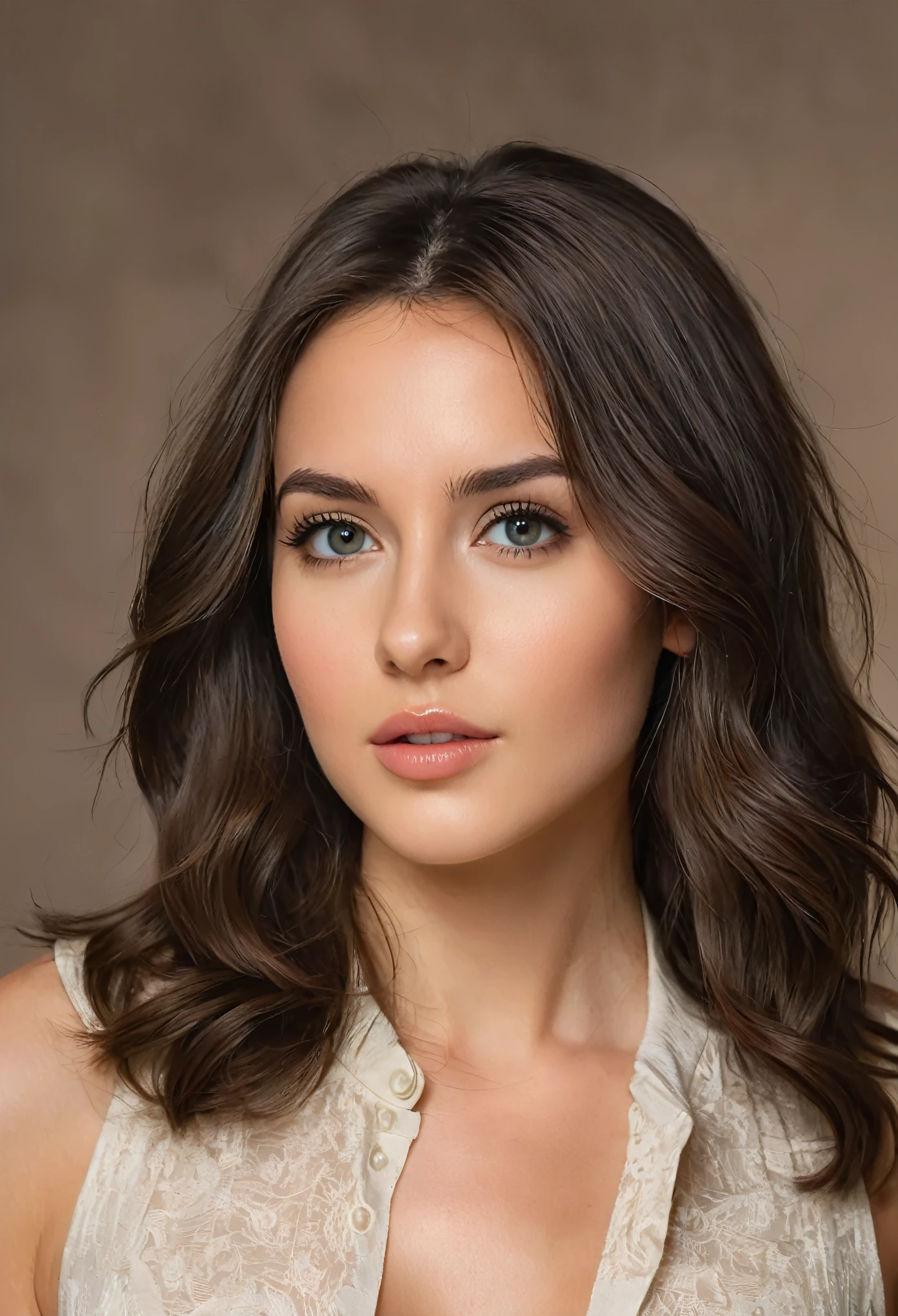 Create a stunning 25-year-old brunette woman with a refined, sophisticated appearance. She has an intense, mesmerizing gaze and is facing forward with her face completely unobstructed, showcasing her striking features. Her hair is styled to frame her face beautifully. She wears a light, stylish outfit that complements her figure, combining elegance and subtle allure. The background should be simple, enhancing her captivating presence without drawing attention away from her.