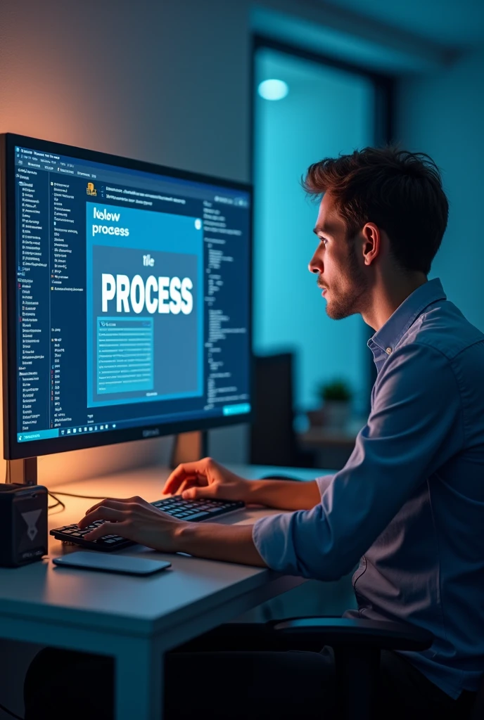 a person using the computer and on the screen the announcement of a new process