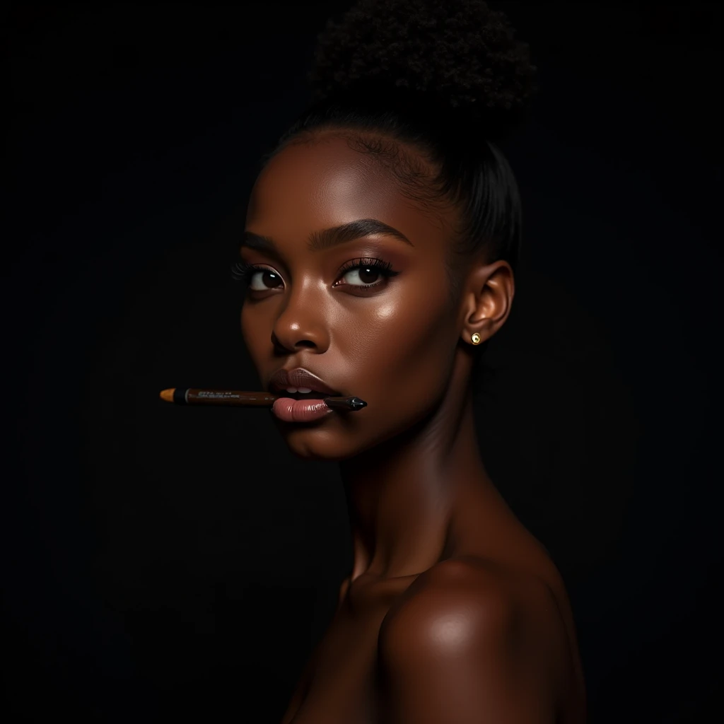 Beautiful black girl, portrait, student, pose with pen in mouth, seductive, realistic, high resolution, detailed, black background