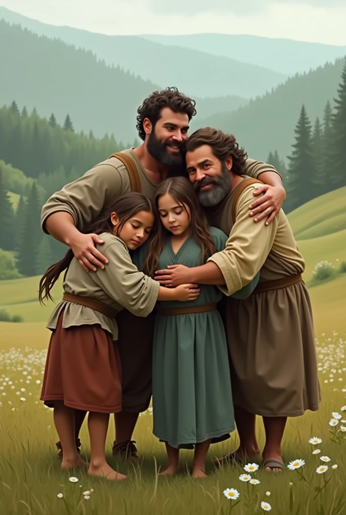 Generate me an image where there is a peasant child, a lumberjack, some shepherds and a wolf and they are hugging each other