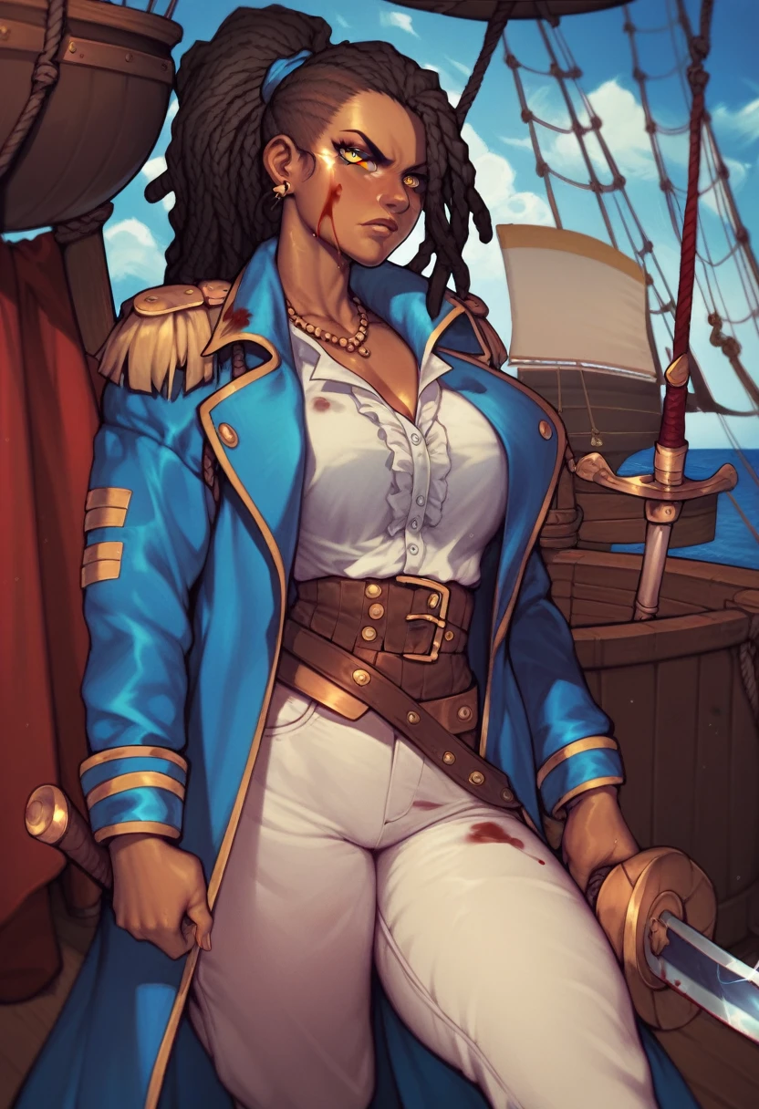 black pirate woman with long dreadlocks tied in a ponytail, yellow eyes clothes covered in blood, blue coat, white pants, white half opened oversize shirt, serious face,  belts all over her body, stormy weather, dark sky, on ship, walking at the viewer menacingly, sword in hand