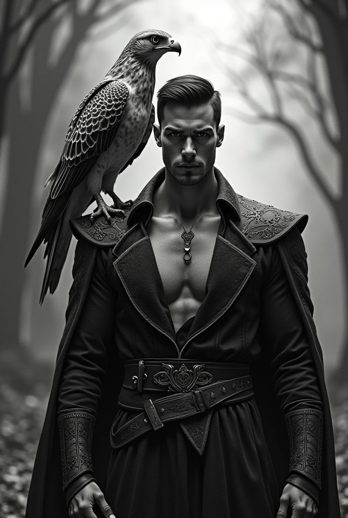 create an Aureos and Falko with a handsome strong man with black and white colors with a falcon on his shoulder.