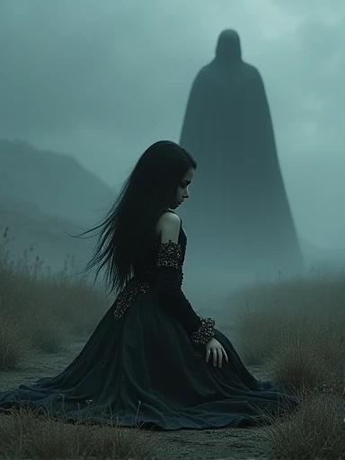 a dark fantasy landscape, a kneeling girl in the foreground, long flowing dark hair, pale skin, detailed intricate dress, ornate jewelry, dark shadowy figure looming behind, glowing eyes, a sense of reverence and fear, moody dramatic lighting, deep rich colors, cinematic composition, (best quality,4k,8k,highres,masterpiece:1.2),ultra-detailed,(realistic,photorealistic,photo-realistic:1.37),dramatic lighting,chiaroscuro,dark fantasy,gothic,mystical,cinematic