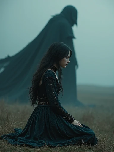 a dark fantasy landscape, a kneeling girl in the foreground, long flowing dark hair, pale skin, detailed intricate dress, ornate jewelry, dark shadowy figure looming behind, glowing eyes, a sense of reverence and fear, moody dramatic lighting, deep rich colors, cinematic composition, (best quality,4k,8k,highres,masterpiece:1.2),ultra-detailed,(realistic,photorealistic,photo-realistic:1.37),dramatic lighting,chiaroscuro,dark fantasy,gothic,mystical,cinematic