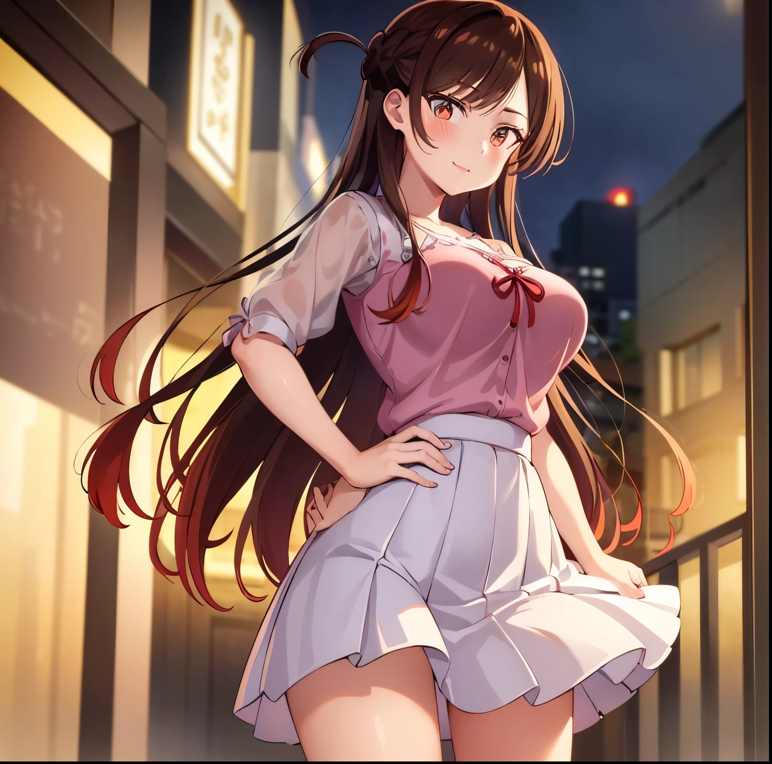 ((1girl)),((alone)),Chizuru Mizuhara, ( kanokari),(masterpiece), (best quality), (ultra detailed), (best illustration), (best shadow), (absurdities), sharp focus , cowboy shot, atmospheric perspective, depth of field, dynamic posture looking at the viewer, big breasts, narrow waist, wide hips, wide thighs, round butt, erotic, romantic, (very detailed eyes, lips 1.1), very detailed eyes, eyes, Very detailed face, Very beautiful face, Symmetrical face, Aesthetic face, perfect face, perfect eyes, detailed eyelashes: 1.5), full height, beautiful slim figure, femininity, expressive appearance, elastic big breasts, sexuality, half-open lips, Hair long, brown hair, brown eyes, braid, one side up, single, white skirt, short skirt, tight skirt, red bow, pink shirt, neckline, pleated skirt, bangs, neckband, short puffed sleeves, bare arms ,bare legs,pink heels,hand on hip,curves,defined body,perfect and beautiful body,perfect and beautiful,closed mouth,flirtatious expression,smile,blush,(sexy pose: 1.2),((solo)),standing : 1.3,((exterior,cityscape,streets, city,night,city lights,buildings, rainy,)),looking forward,((focus on hips)), point of view :(from below), perfect anatomy, perfect hands