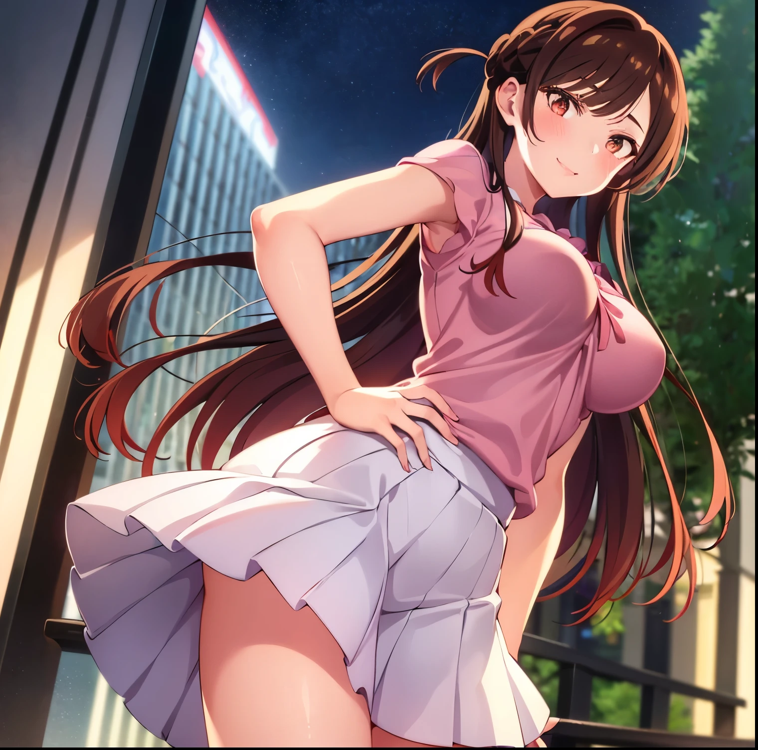 ((1girl)),((alone)),Chizuru Mizuhara, ( kanokari),(masterpiece), (best quality), (ultra detailed), (best illustration), (best shadow), (absurdities), sharp focus , cowboy shot, atmospheric perspective, depth of field, dynamic posture looking at the viewer, big breasts, narrow waist, wide hips, wide thighs, round butt, erotic, romantic, (very detailed eyes, lips 1.1), very detailed eyes, eyes, Very detailed face, Very beautiful face, Symmetrical face, Aesthetic face, perfect face, perfect eyes, detailed eyelashes: 1.5), full height, beautiful slim figure, femininity, expressive appearance, elastic big breasts, sexuality, half-open lips, Hair long, brown hair, brown eyes, braid, one side up, single, white skirt, short skirt, tight skirt, red bow, pink shirt, neckline, pleated skirt, bangs, neckband, short puffed sleeves, bare arms ,bare legs,pink heels,hand on hip,curves,defined body,perfect and beautiful body,perfect and beautiful,closed mouth,flirtatious expression,smile,blush,(sexy pose: 1.2),((solo)),standing : 1.3,((exterior,cityscape,streets, city,night,city lights,buildings, rainy,)),looking forward,((focus on hips)), point of view :(from below), perfect anatomy, perfect hands