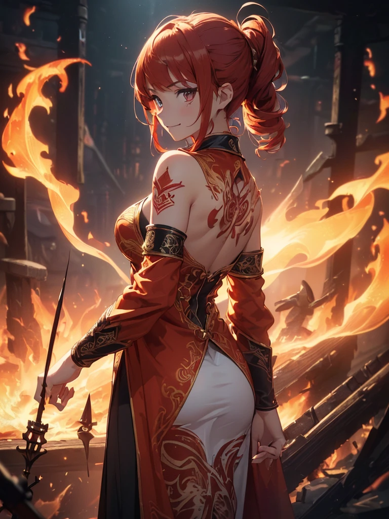 (((best quality, sharp image, clear image, cinematic lighting, 8k resolution, masterpiece, ultra detailed, intricate))) Girl, (((looking over left shoulder))), (shot from behind), zoom, fire mage, ((intricate background)), ((chaotic background)), red hair, smiling, ((flame runes, flame sigils)), (tatoo on back), slim figure, flying sigils, long dress, cute
