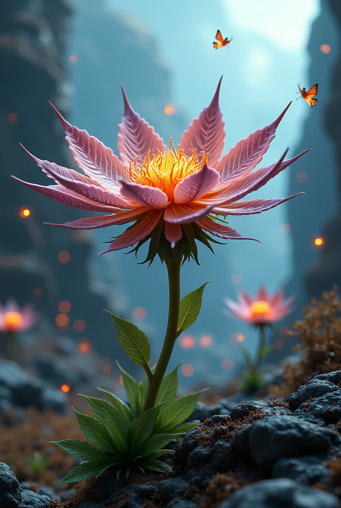 futuristic flower looking like marijuana from another planet with strange little insects 4k