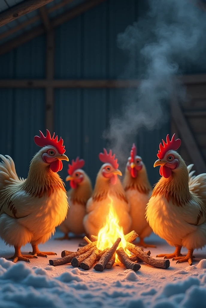 CHICKENS MAKING A CAMPFIRE INSIDE THE BREEDING SHED AT THE SOUTH POLE