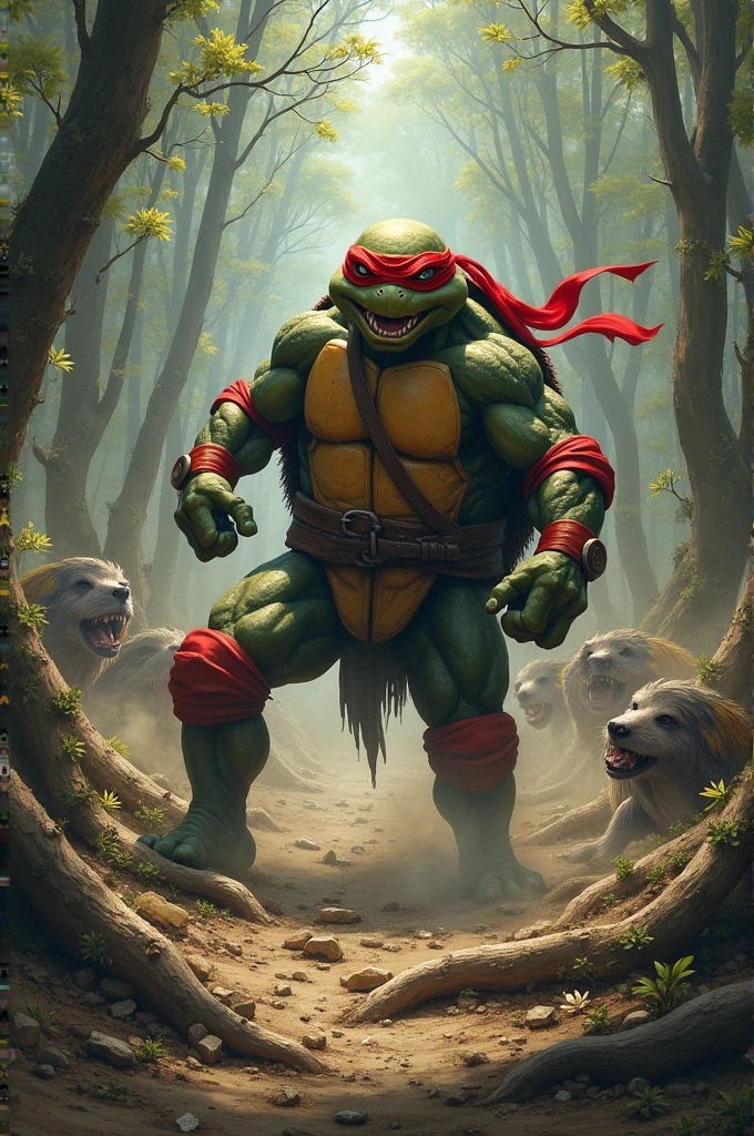 One of the red ninja turtles used his strength to knock down trees and try to block the Cerberus, but the number of creatures was very large, and the group began to get surrounded.