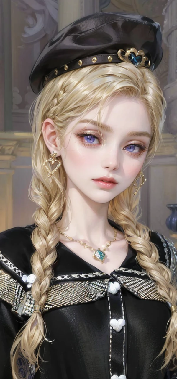 (masterpiece, top quality, best quality, official art, enchanting and aesthetic:1.2), 1female, golden blond hair, royal braided hair, violet eyes, diamond and gold jewelry, high quality details, 4k eyes, blond hair, beautiful hair, long hair, siren eyes, cold expression