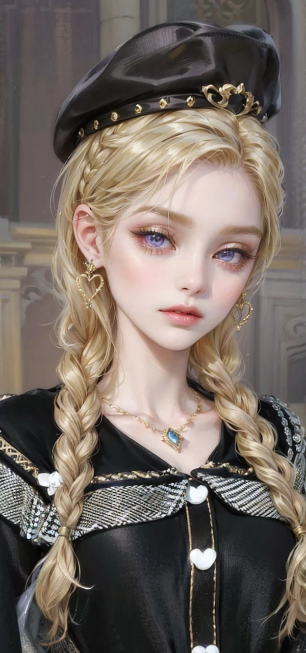 (masterpiece, top quality, best quality, official art, enchanting and aesthetic:1.2), 1female, golden blond hair, royal braided hair, violet eyes, diamond and gold jewelry, high quality details, 4k eyes, blond hair, beautiful hair, long hair, siren eyes, cold expression