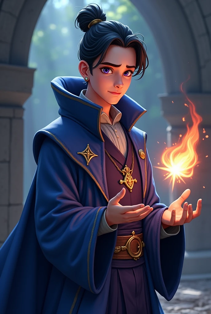 crie um homem, he's a wizard, he has his hair in a bun style, make it in the art style of dungeons and dragons VOX MACHINA from critical role create it with a friendly and calm face, he has no beard and is just a 24 year old adult, don't do it in a way , I want you to make this art in the same animation style they use in the Vox Machina animated series on Amazon Prime., make it more realistic, do it in the same style as baldur's gate 3, he has dark purple eyes, he wears a dark blue overcoat