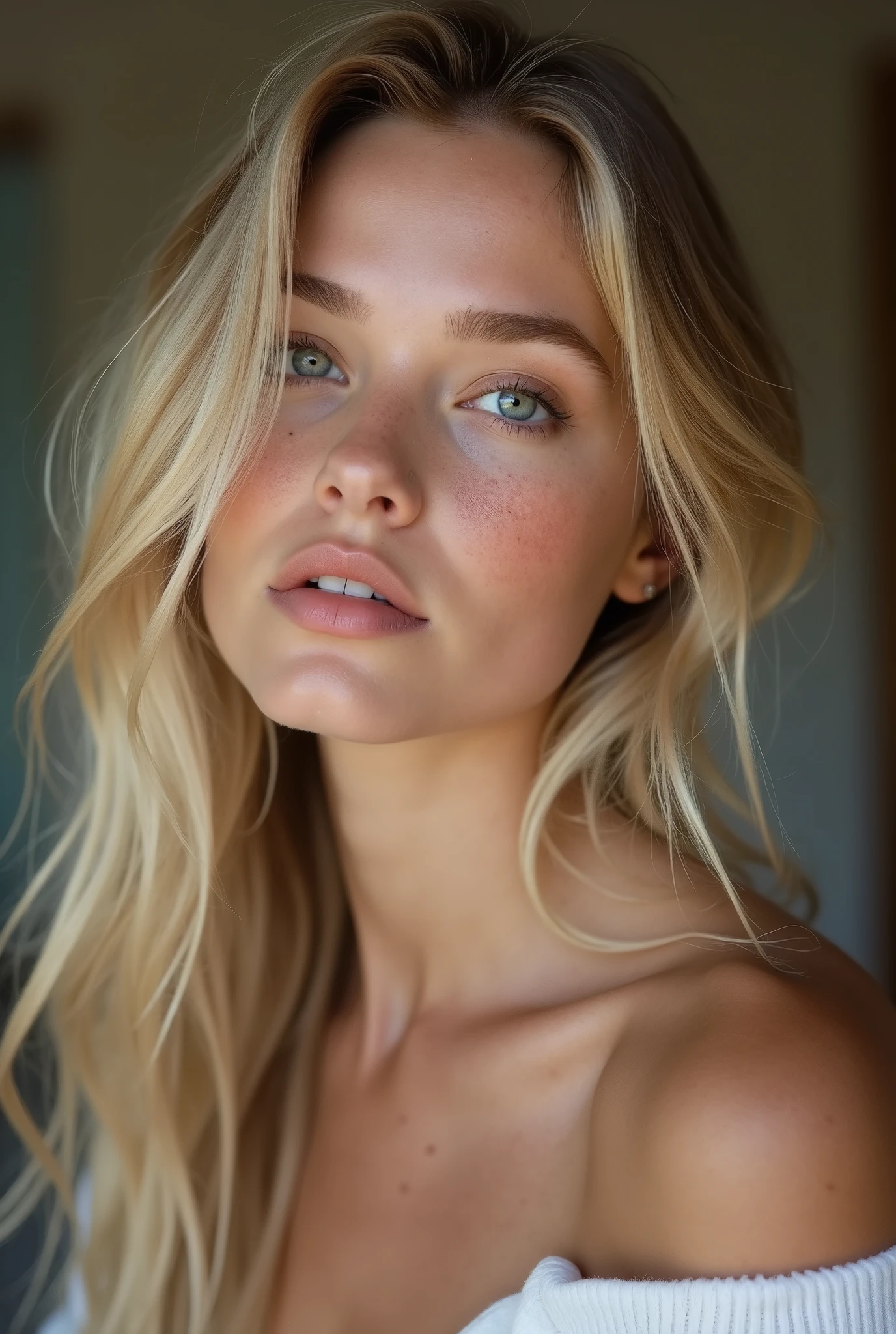 create an influencer,blonde hair,Scandinavian,light eyes,light brown skin, spotty, girl next door,Natural photo, spontaneous photo, 55 mm linse, Permissive,at home, Background also sharp, further away from the camera ,elegant posture, further away from the camera, sexy Blick