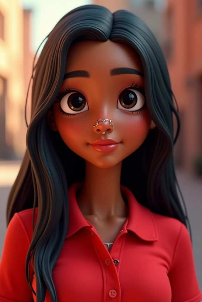Cartoon characters of a young woman BROWN SKIN STRAIGHT HAIR, long and black, WITH NOSE EARRING AND A RED POLO SHIRT animation style rendering, 3D stylized, Arnold Maya rendering, Render 3D stylized, , 3D character, 3D character, Stylized 3D rendering, 3d character rendering, cartoon character, Close-up character, Character pose, (pixar style) (master part:1.2) (bokeh) (Best Quality) (detailed skin) (detailed texture) (8k) (clay) (cinematic lighting) (sharp focus