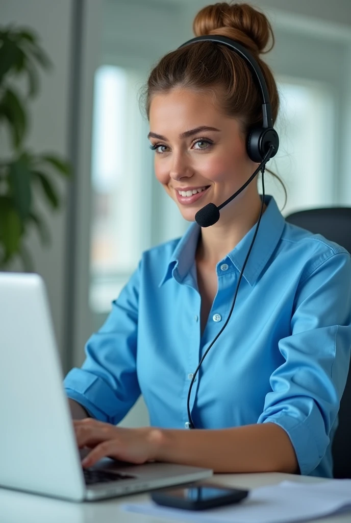 Lady with headphones and microphone wearing a full sky blue customer service shirt answering a call, sharp image, hair with bun typing on laptop keyboard touching her earphone with black hair looking at us through the screen
