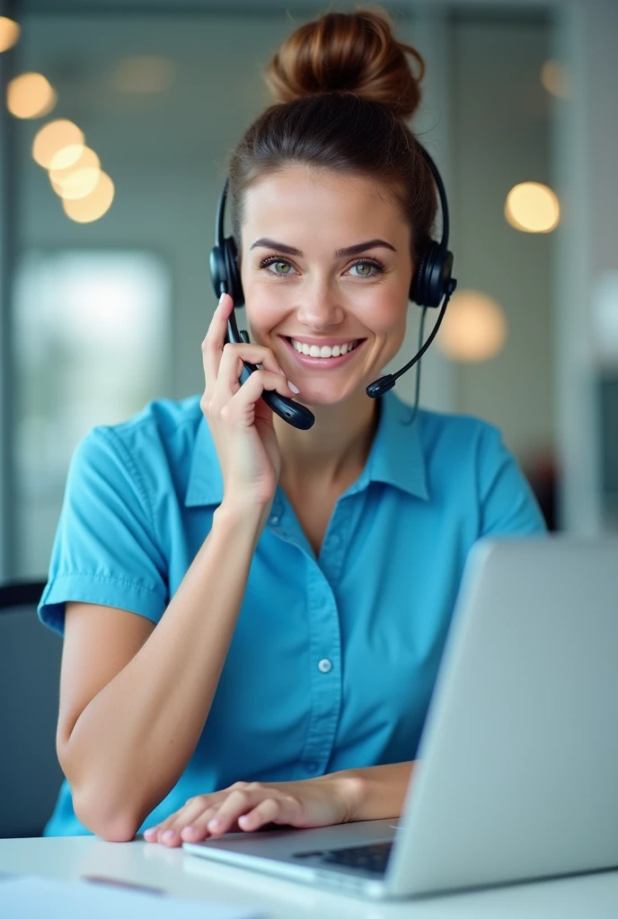 Lady with headphones and microphone wearing a full sky blue customer service shirt answering a call, sharp image, hair with bun typing on laptop keyboard touching her earphone with black hair looking at us through the screen
