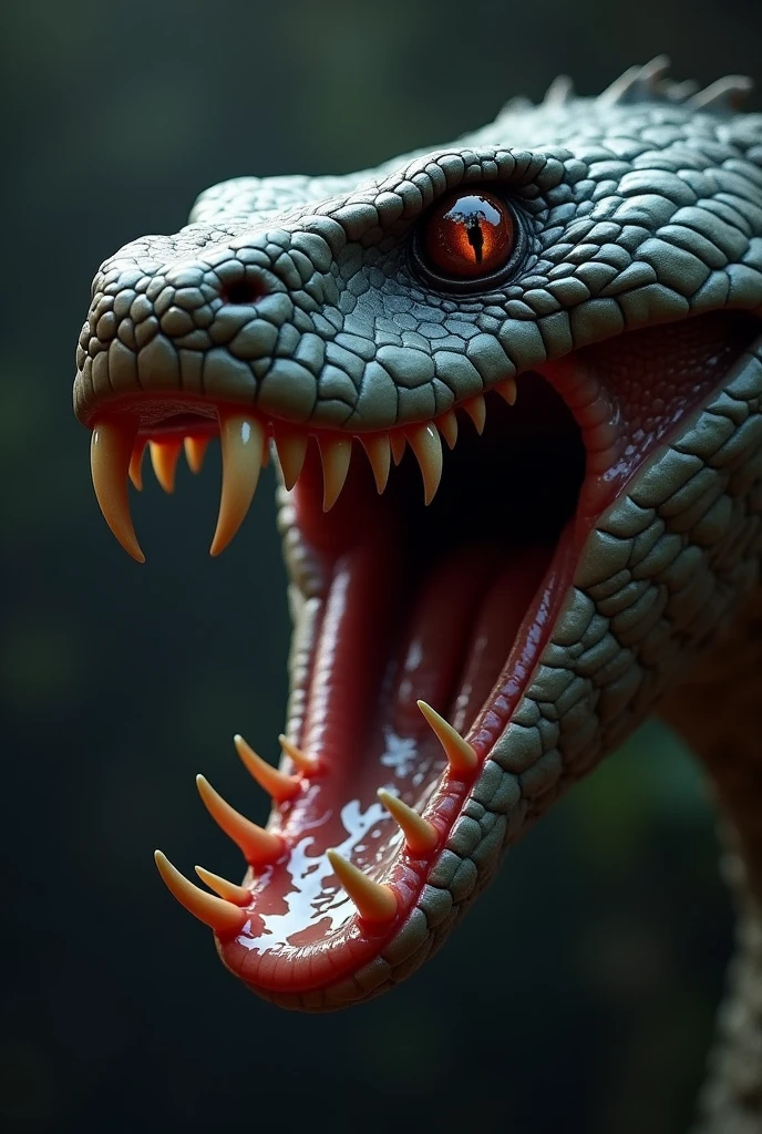 the mouth of a snake, seen from a profile angle, with its mouth open, with several teeth in its jaw, saliva between the teeth, high detail and realism, unreal engine 5.8k --ar4:5 -- v5 --q 2 --s 1000