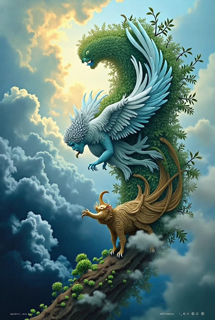 CD Cover Description:
The CD cover features two elements in a dynamic interaction: one representing air and the other representing earth.
Air Element: This element can be depicted as an ethereal and fluid figure, perhaps a winged entity or an abstract form that evokes lightness and movement. The dominant color can be light blue or white, with details resembling clouds or wind.
Earth Element: Represented as a solid and robust figure, possibly with characteristics of rock or vegetation. The colors can be greens and browns, with textures that evoke the stability and fertility of the earth.