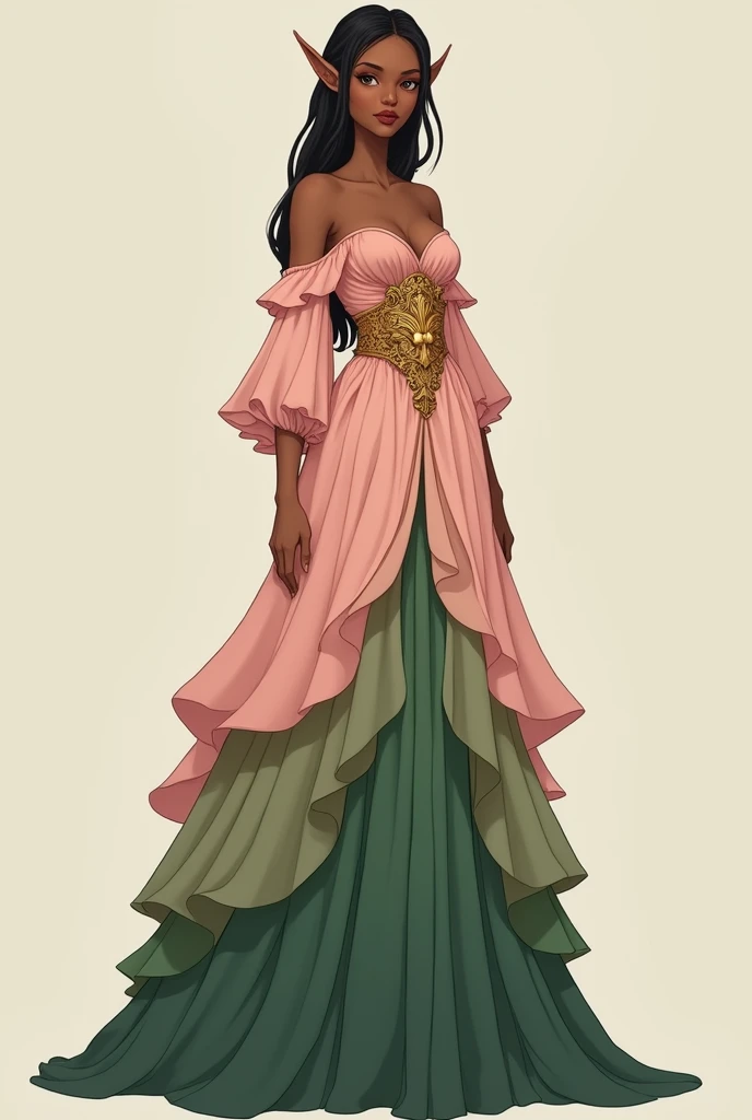 The description outlines a floor-length elven dress with intricate details:

Model: A morena or brown-skinned elf .

Top: The off-shoulder blouse in dusty pink features cold shoulders and a unique waist design with delicate golden elements, exuding a romantic and ethereal feel.

Waist: A decorative golden feature adds regality and structure, contrasting beautifully with the pink blouse.

Skirt: The layered skirt starts with a soft pink peplum at the waist, transitioning into green tones at the bottom, creating a flowing and ethereal effect.

Overall Aesthetic: The dress evokes a fantasy or fairy-tale theme with its nature-inspired colors, graceful silhouette, and modern details, suitable for formal events or fantasy settings.

2d fashion design style of picture.