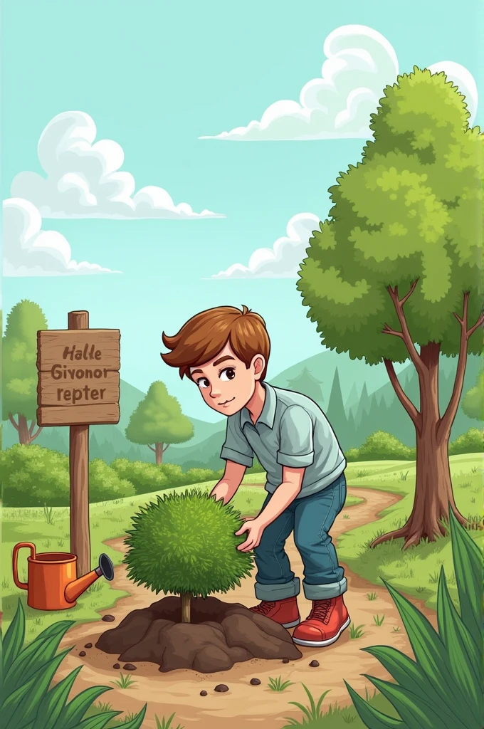 A person is planting bushes in a reforested area, with a shovel in hand and a watering can nearby. around, Young trees already planted can be seen and a sign indicating the importance of reforestation. The image highlights the active commitment to environmental restoration. something drawn by a ager