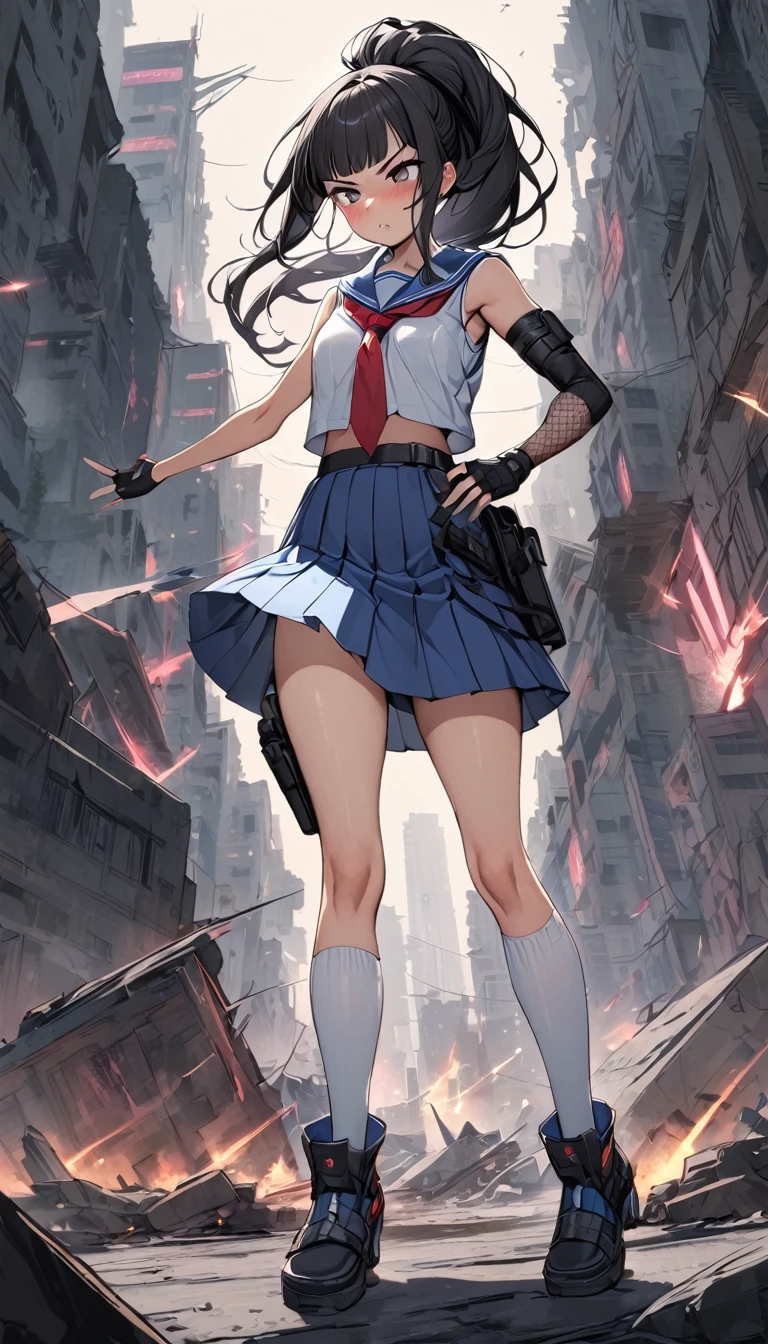 1girl solo, Detective Sailor Suit,A little cyberpunk style,sailor-fighter, Dynamic composition,{{fight}},{{masterpiece}}, {{{Highest quality}}},{{Very detailed}},Tucked Out Sailor Uniform,white Sleeveless sailor suit with long length with red tie ,Refurbished Uniforms ,{{long Arm Cover}} , blue skirt high socks holster ,Fight, Dark ruins,{{v-shaped eyebrows}},Bad mood,blush,Sweat,raise one's eyebrows ,Black hair Long hair,Blunt bangs ,black armlet ,black belt , female ninja, japanese clothes Lace-patterned arm cover, ,ponytail, cyberpunk ,Black fingerless gloves