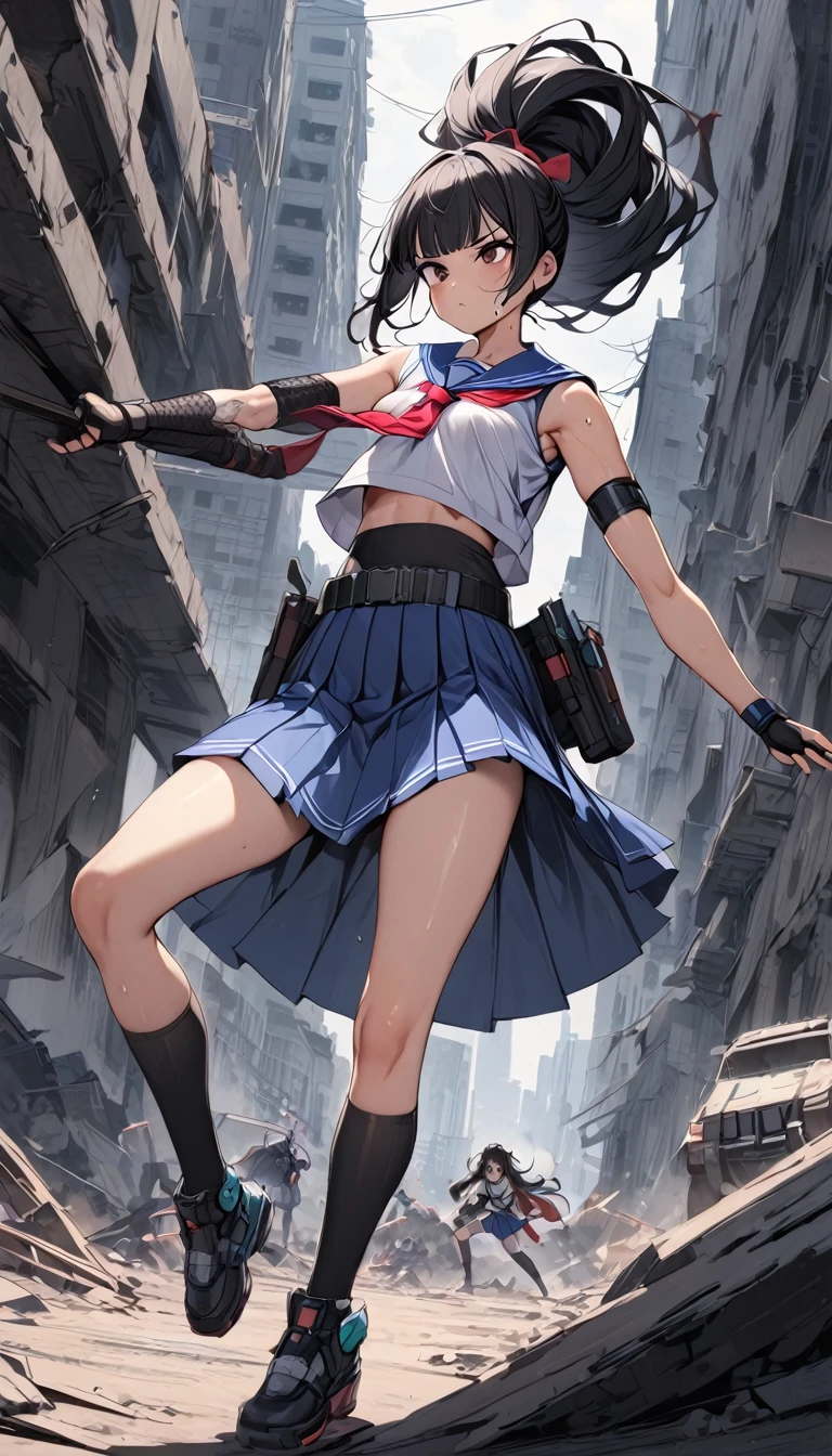 1girl solo, Detective Sailor Suit,A little cyberpunk style,sailor-fighter, Dynamic composition,{{fight}},{{masterpiece}}, {{{Highest quality}}},{{Very detailed}},Tucked Out Sailor Uniform,white Sleeveless sailor suit with long length with red tie ,Refurbished Uniforms ,{{long Arm Cover}} , blue skirt high socks holster ,Fight, Dark ruins,{{v-shaped eyebrows}},Bad mood,blush,Sweat,raise one's eyebrows ,Black hair Long hair,Blunt bangs ,black armlet ,black belt , female ninja, japanese clothes Lace-patterned arm cover, ,ponytail, cyberpunk ,Black fingerless gloves