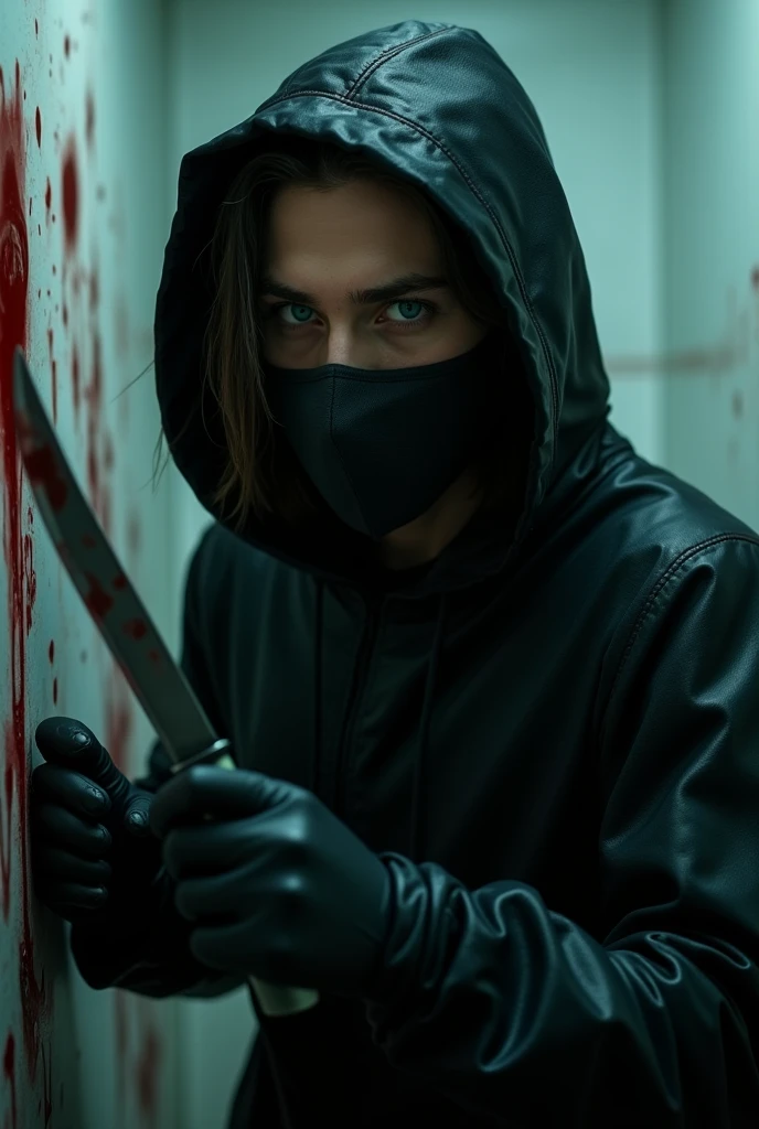 A sexy young male, long black hair, teal blue eyes, delicate facial features. (behind the , surgical mask), holding a knife, stabbing, cutting, black gloves, bath, black raincoat, hood up, holding knife, black gloves, behind, blood splatter, black wet suit, night, mass murderer, killer, robbery, dark atmosphere, cinematic lighting, atmospheric realistic, close-up, ((no facial or body hair))