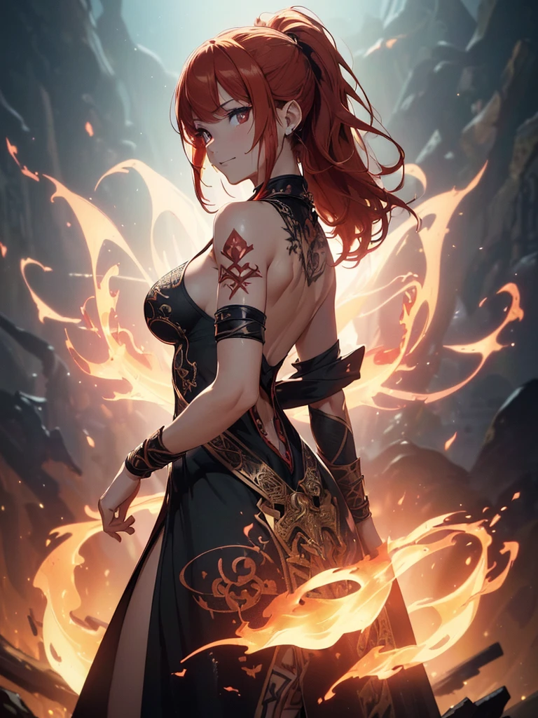 (((best quality, sharp image, clear image, cinematic lighting, 8k resolution, masterpiece, ultra detailed, intricate))) Girl, (((looking over left shoulder))), (shot from behind), ((zoom)), fire mage, ((intricate background)), ((chaotic background)), red hair, smiling, ((flame runes, flame sigils)), (tatoo on back), slim figure, flying sigils, long dress, cute