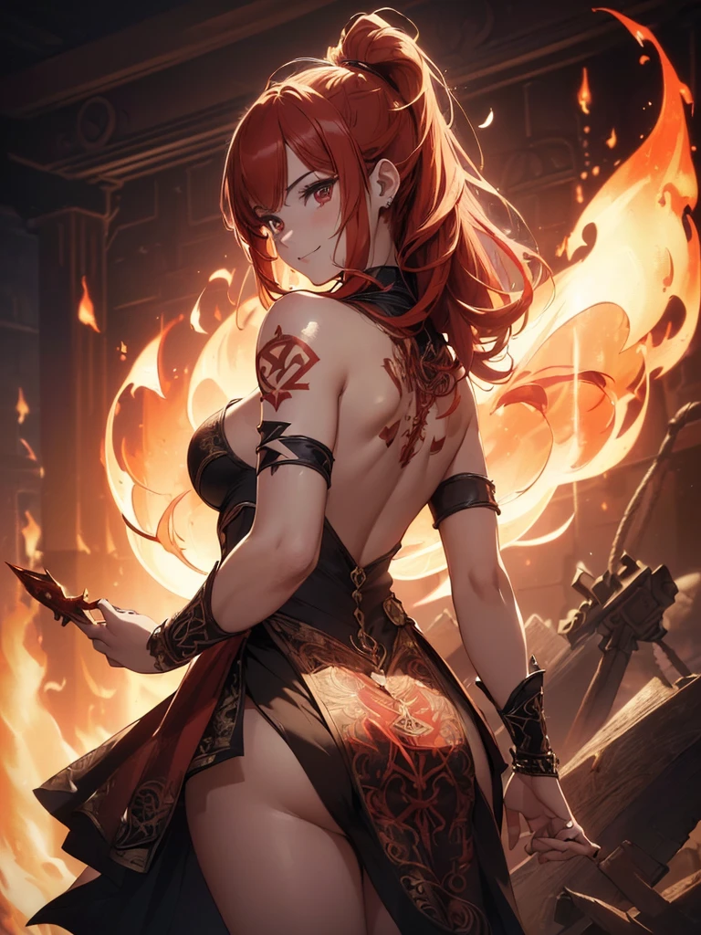 (((best quality, sharp image, clear image, cinematic lighting, 8k resolution, masterpiece, ultra detailed, intricate))) Girl, (((looking over left shoulder))), (shot from behind), ((zoom)), fire mage, ((intricate background)), ((chaotic background)), red hair, smiling, ((flame runes, flame sigils)), (tatoo on back), slim figure, flying sigils, long dress, cute