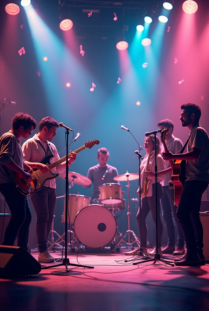 guitar, contrabass, drumkit, keyboard, guitar, microphones together and musical notes around