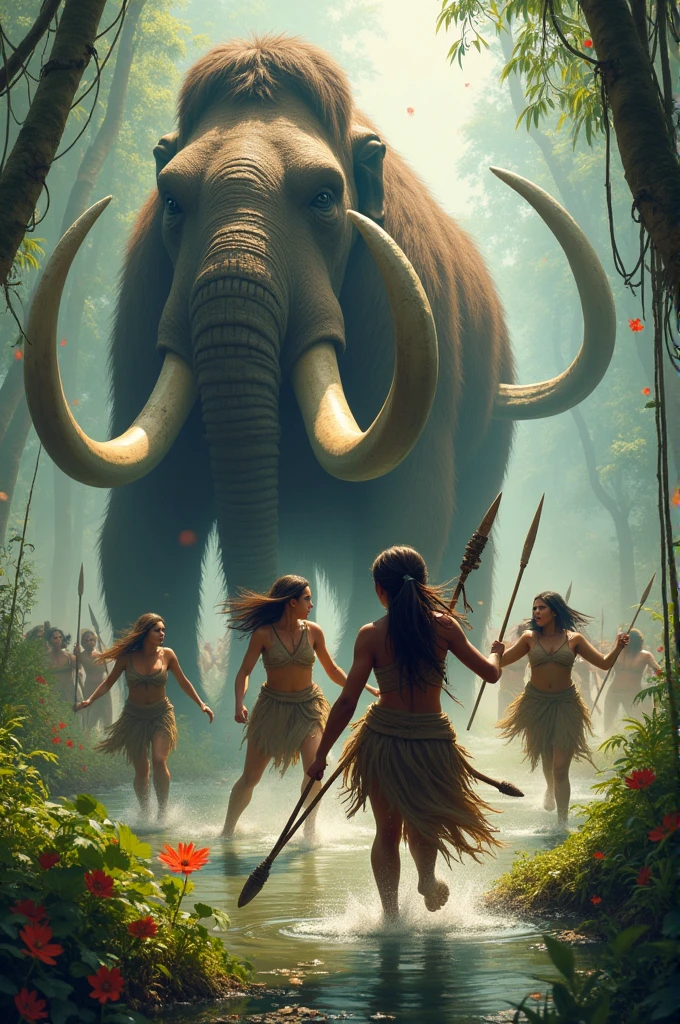 A girl in primitive clothing with a spear and other girls fighting a mammoth in a swamp with flowers and mangroves