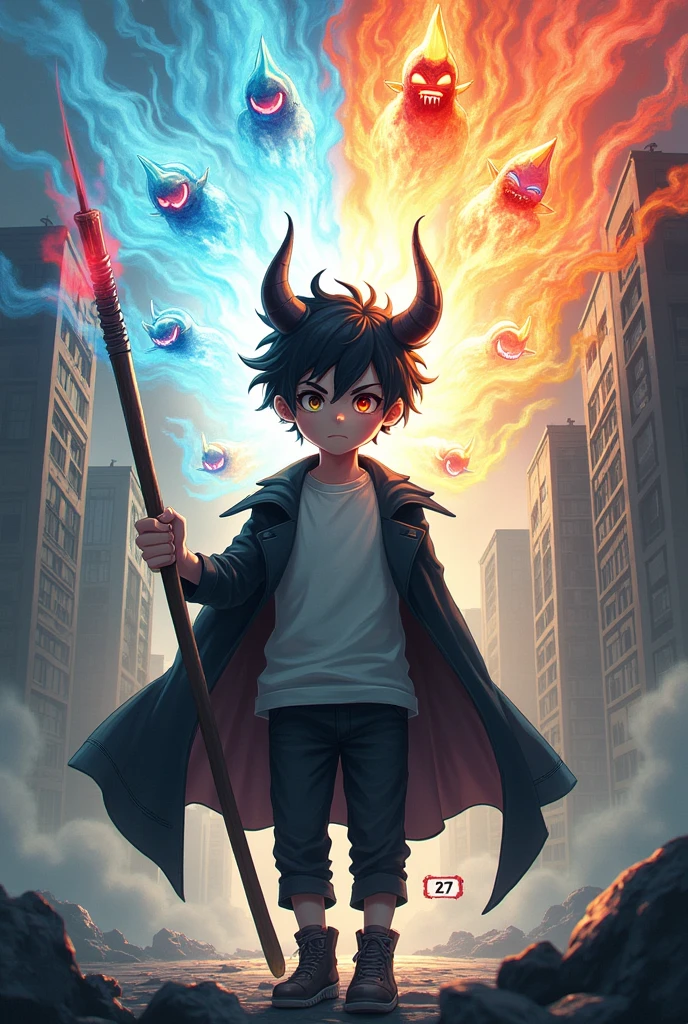 1 boy, dark short hair, different eye colors, a demonic eye and an angel eye, nimbus, one-sided horn, a task sharp tooth, 7 color spirits fly around the character, wears a simple white shirt and simple black pants, wears a dark coat, hold a bo staff, 27-3, facial hair, 8k, ​masterpiece, ultra sharp, High Resolution, apocalyptic city,