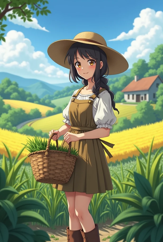 female medieval anime farmer, modest clothing, farmland background