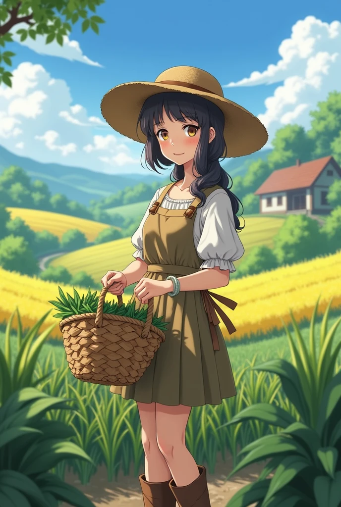 female medieval anime farmer, modest clothing, farmland background