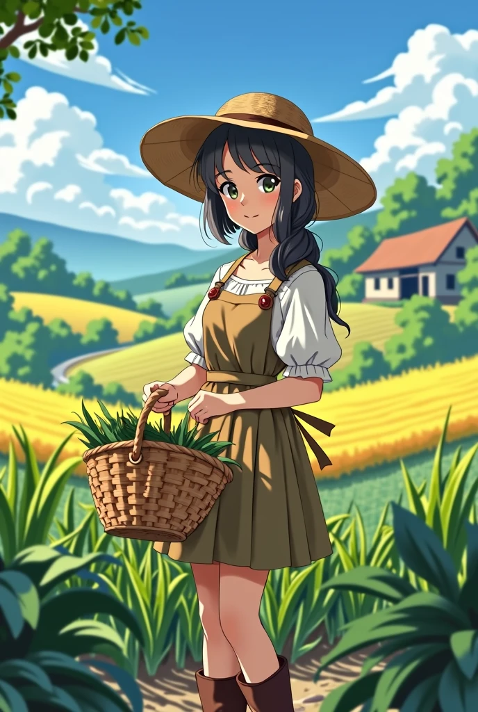 female medieval anime farmer, modest clothing, farmland background