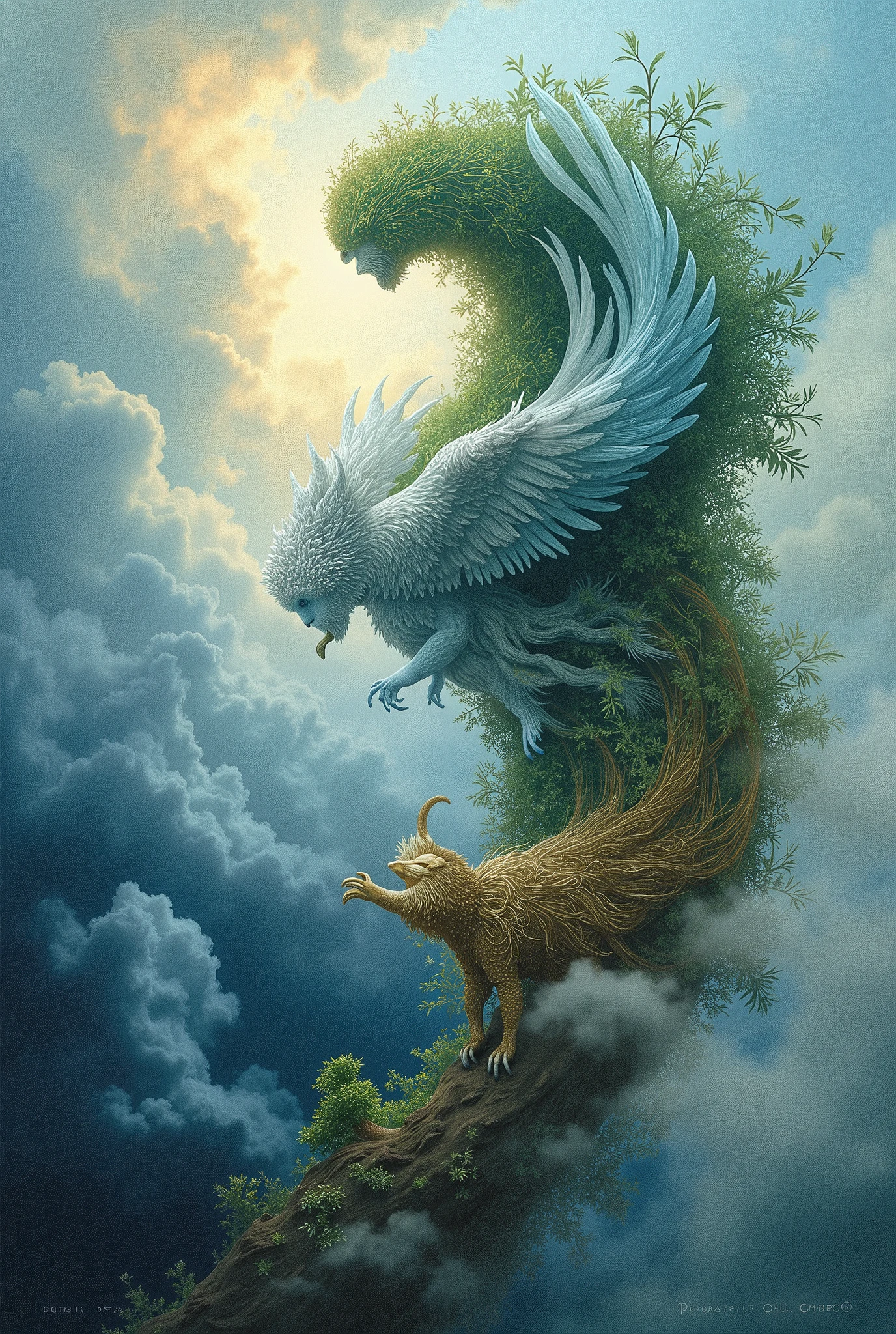 CD Cover Description:
The CD cover features two elements in a dynamic : one representing air and the other representing earth.
Air Element: This element can be depicted as an ethereal and fluid figure, perhaps a winged entity or an abstract form that evokes lightness and movement. The dominant con be light blue or white, with details resembling clouds or wind.
Earth Element: Represented as a solid and robust figure, possibly with characteristics of rock or vegetation. The colors can be greens and browns, with textures that evoke the stability and fertility of the earth.