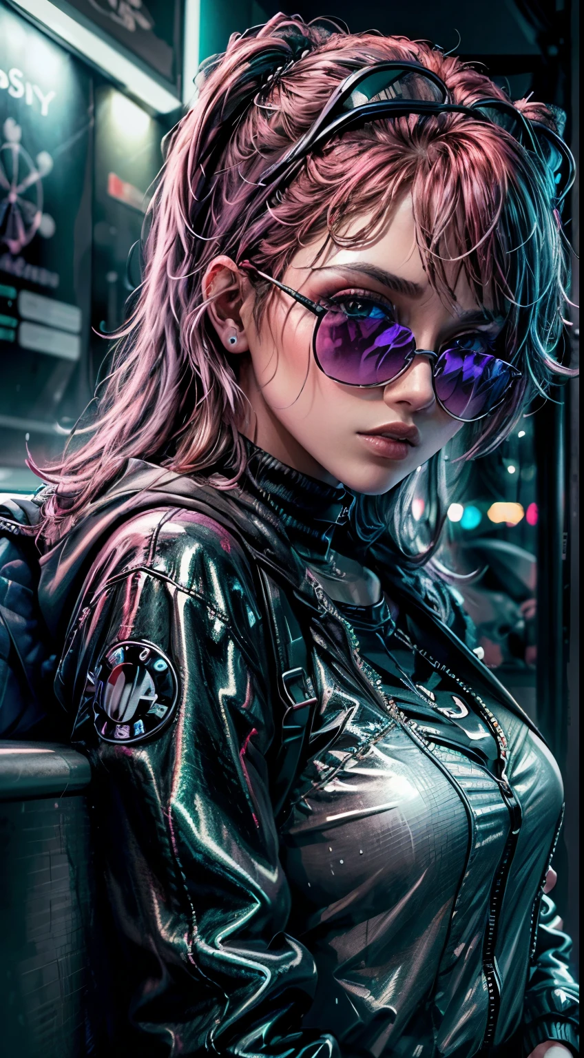 ((best quality)), ((master part)), (Very detailed: 1.3), ..3d, NeonNoir,  cyberpunk bonito, (Giant teddy bear: 1), (with sunglasses: 1.2), (pupilas em forma de diamante: 1.2), heart-shaped, usando uma capa de capuz longo, (usando um capuz: 1.2), neon roxo no monitor, Colorful neon signs on the wall, street lighting, (emissor branco: 1.1), Olhos desdenhosos, it's raining outside, sentado em um bar, Fotografias mestras da Sony,