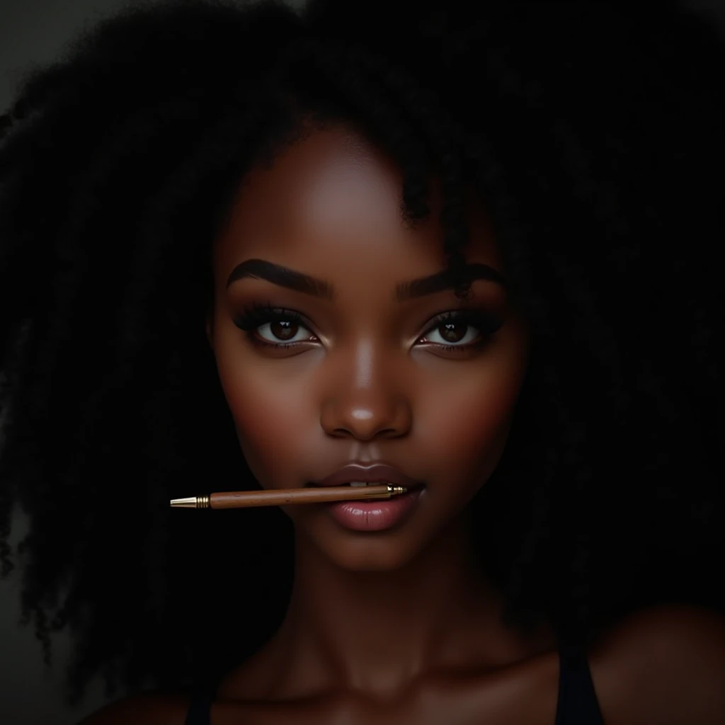 Beautiful black girl, portrait, student, pose with pen in mouth, seductive, realistic, high resolution, detailed, black background 