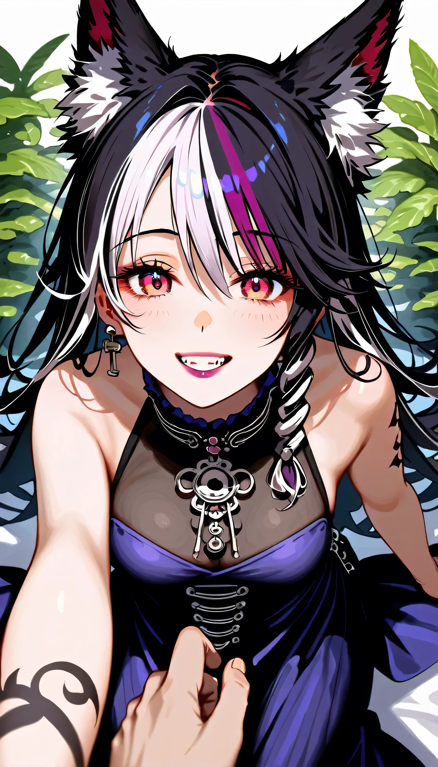 Epic-Ultra-HD-details, Epic-Ultra-HD-Highlights, anime-upscaled-resolution,(realistic, photo-realistic:1.37), precise and realistic hair:1.1), beautiful detailed eyes, extremely detailed eyes and face, award-winning, amazing details, super detail, Best quality, 1080P, 8 K, masterpiece（full body shot：3.0）, ,check_9, check_8_up, check_7_up, masterpiece, Best quality, very detailed, Shading, gothic woman, perfect face, beautiful eyes, Perfect eyes, thick eyelashes, Beautiful face, dark makeup, dark lipstick,  Tedious, happy, pale skin, smiling, perfect white teeth, long curly white hair, side braid, Wolf ears, medium , Ear piercing, lush, wide hips, beautiful turtleneck dress, Coated, lace thigh high stockings, long skirt, black boots, tattoos, hair accessories, Deep black background, Thick White Outline, surrounding only the symbol, POV from the ground up, the character looks down at the viewer, touching his lips with his right hand