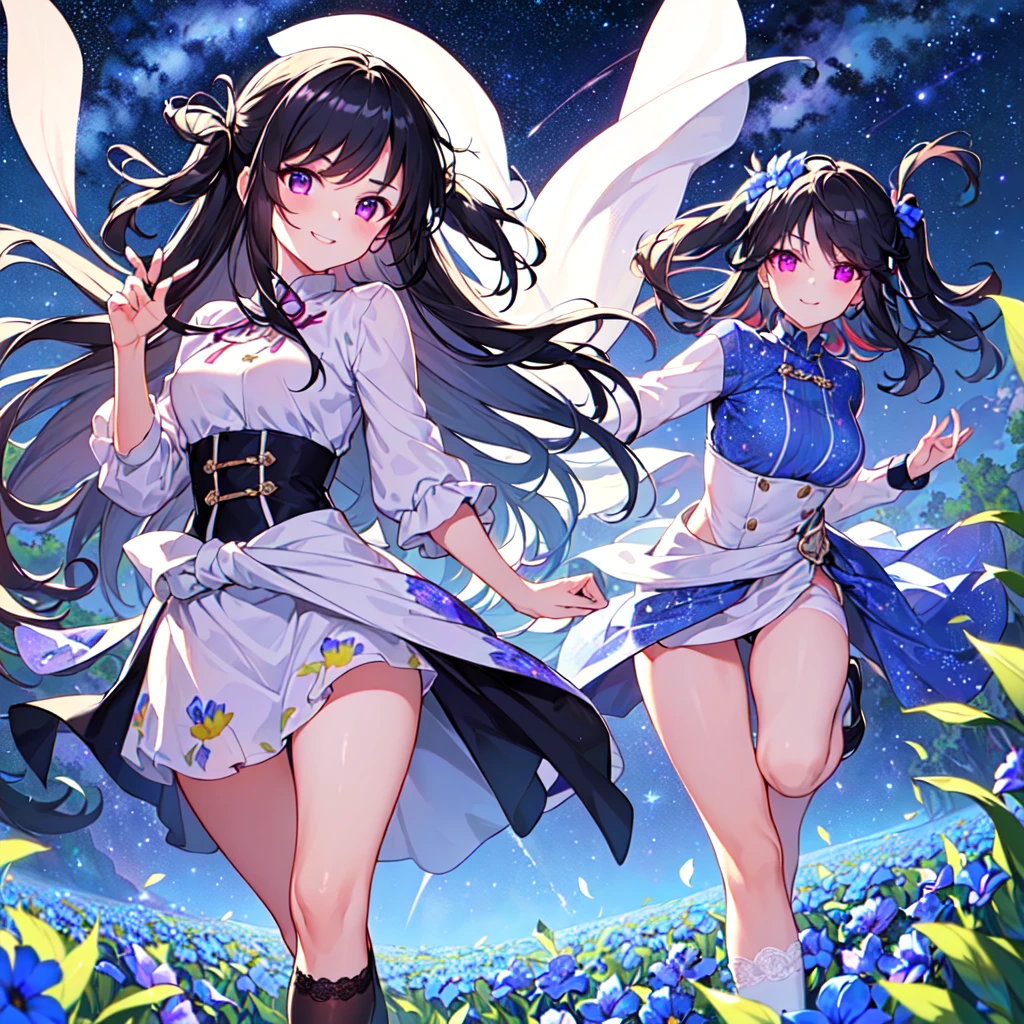 masterpiece, best quality, high quality, extremely detailed, very delicate and beautiful, (1 female 1 solo:1.5), (long black hair up to waist with two side up:1.5), bangs to eyebrows, eyes (eyes sharp, strong, glossy, glossy eyebrows), (eye color magenta:1.3), 6.5 head height, (dew flower print fashion:1.3), knee socks, lace, ruffles, (smiling), (running:1.3), (dynamic pose), (background dayflower dew flower field:1.3) ,(Milky Way Night Sky:1.3)