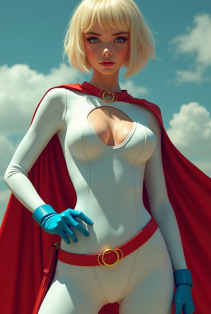 FULL BODY. A BUSTY FEMALE WITH SHORT BLONDE HAIR, BLUE EYES WEARING A WHITE TURTLE NECK LEOTARD WITH LONG SLEEVES, A LARGE ROUND CLEAVAGE CUT OUT HOLE ON THE CHEST, BLUE GLOVES, BLUE BOOTS, A RED BELT WITH A GOLD CIRCLE, A LONG RED CAPE ATTACHED AT THE NECK WITH ONE GOLD CIRCLE CLASP. (LARGE THICK ROUND BOOBS:1.2). ABSURD 8K RESOLUTION, DYNAMIC BACKGROUND.