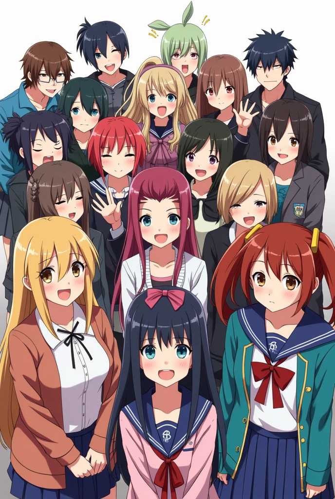 20 people taking a photo in the style of a class photo. We must know that they are otakus. 