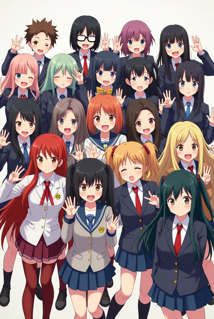 20 people taking a photo in the style of a class photo. We must know that they are otakus.