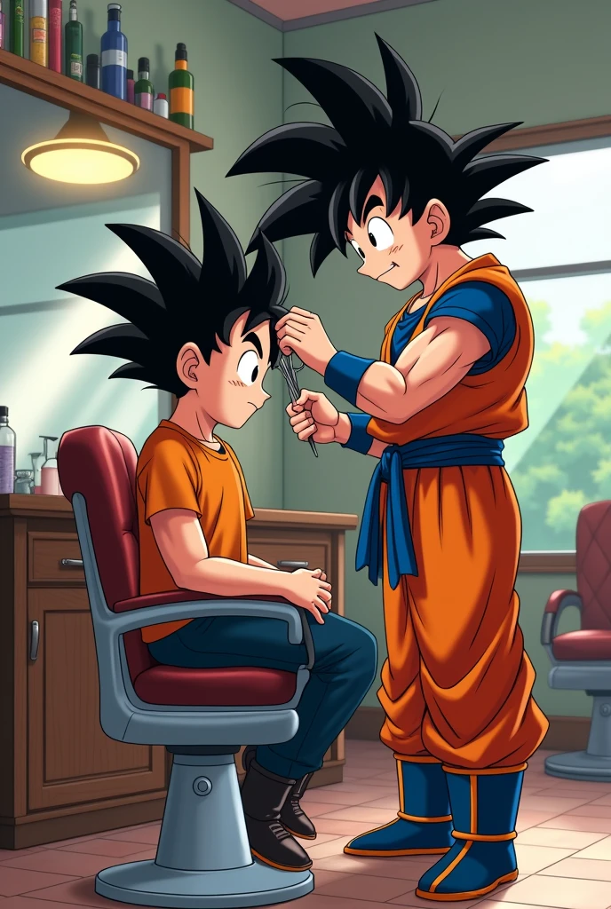 Goku cutting Johan's hair at the barbershop