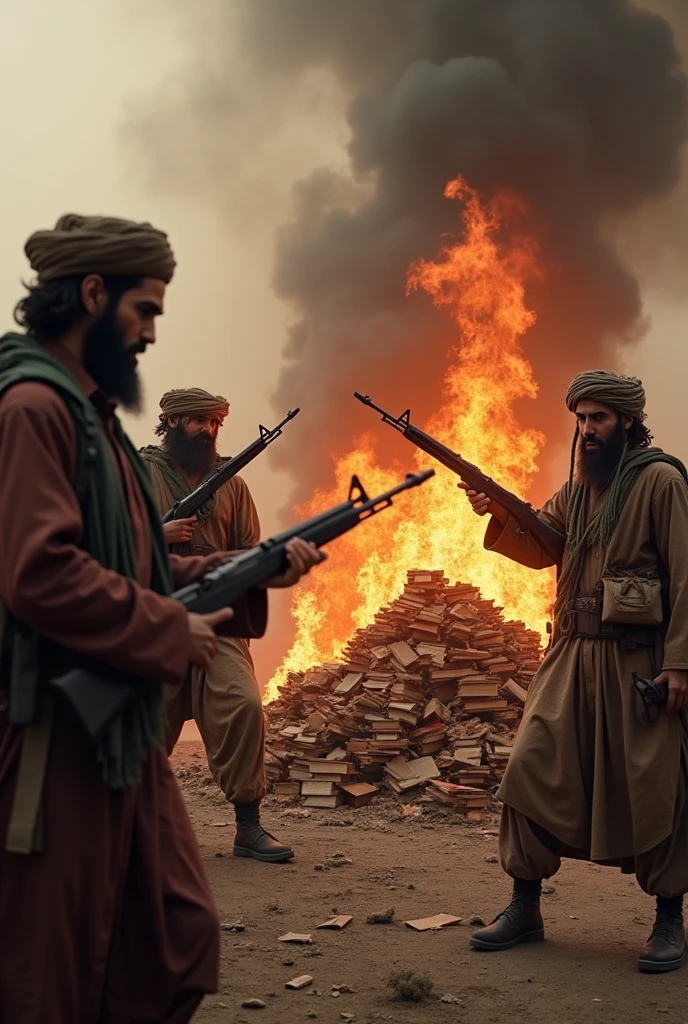 Dirty, angry and armed Taliban burning a pile of books