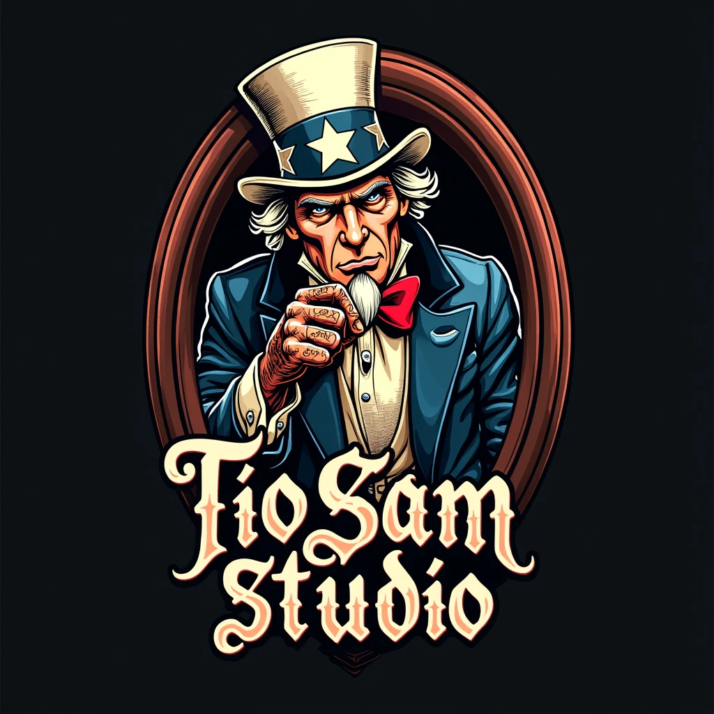 Create a logo called "Tio Sam Studio" The idea is to bring a mirror and the tattooed Uncle Sam coming out of it as if he were tattooing someone and below the image the name of the company. Remembering that I want a logo for a tattoo studio, do it in Portuguese.
Be more creative and professional 