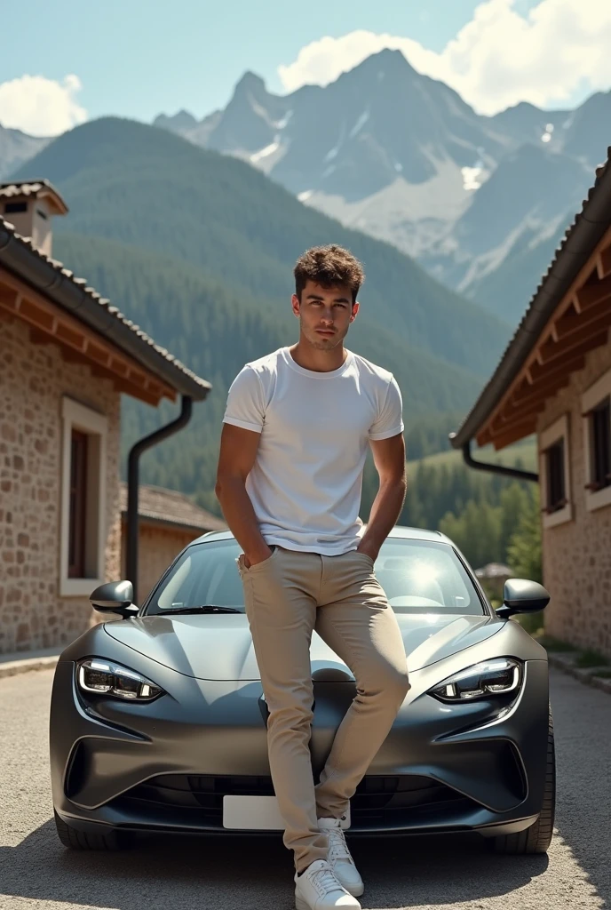 18 year old brown haired man, dress classy with a t-shirt and beige pants it is acer fit, il prends la pose sur une renault alpine a110 gt grise le tous dans un cadre montagnard avec un chalet de brique en arrière plan